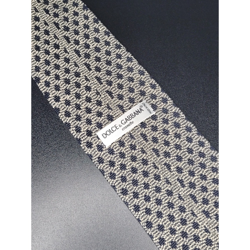 Vintage 1990s Dolce & Gabbana Knit Tie Navy Cream Geometric Made Italy